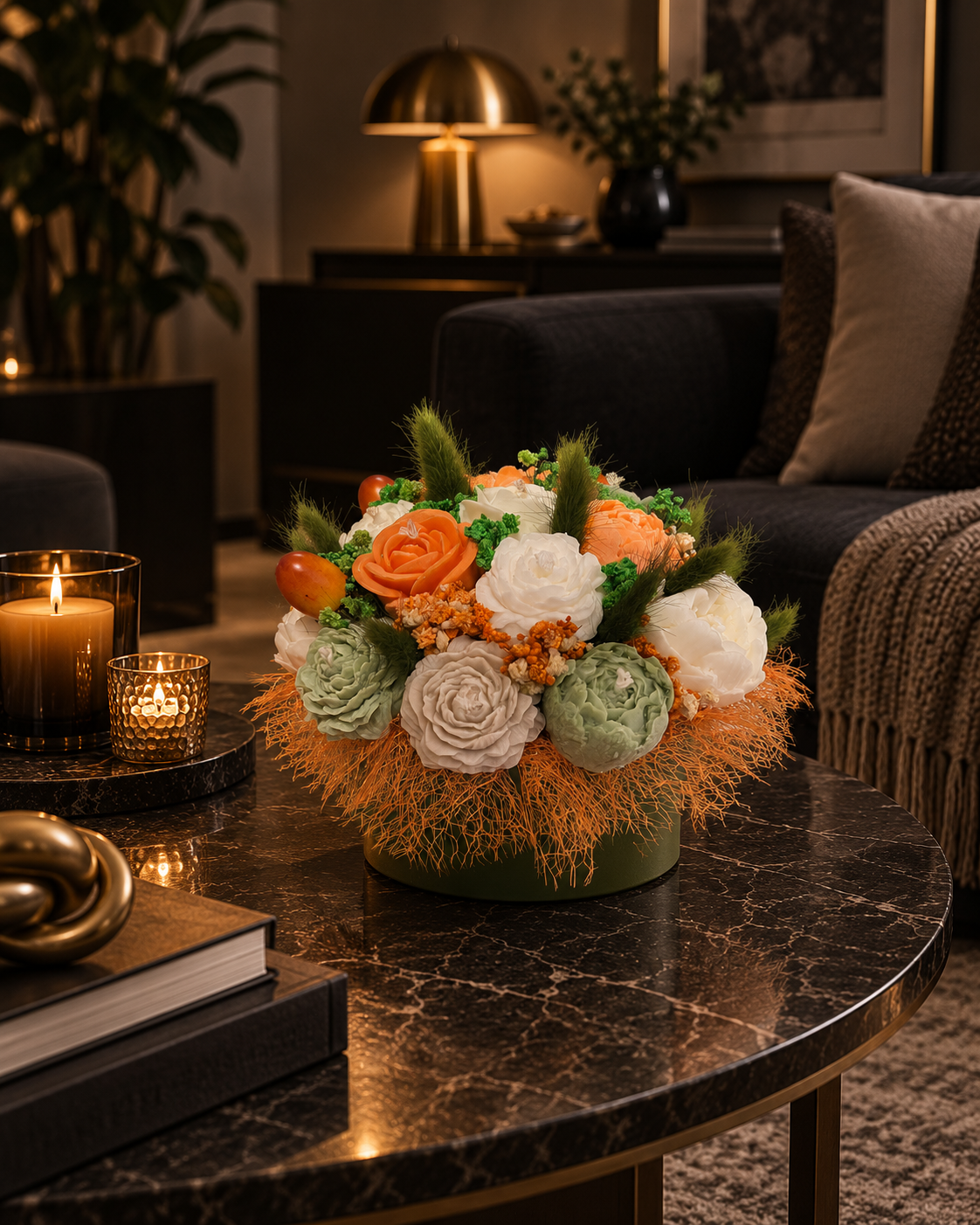 Aranjament floral decorativ cu flori din ceară de soia – tonuri de verde, crem și portocaliu