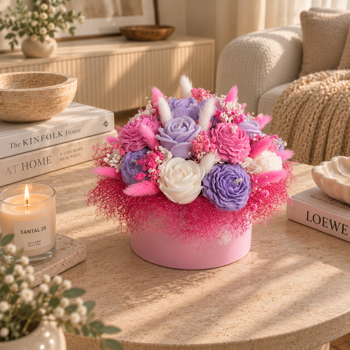 Aranjament floral decorativ cu flori din ceară de soia – tonuri de alb, roz și lila